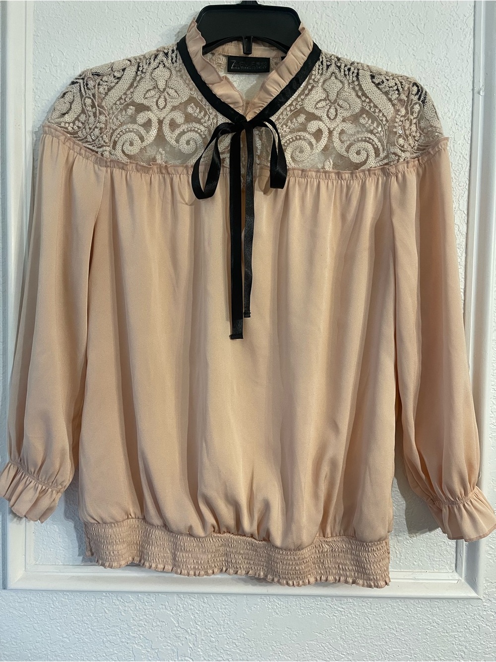 New York & Company Blush Lace-Yoke Blouse with Black Ribbon